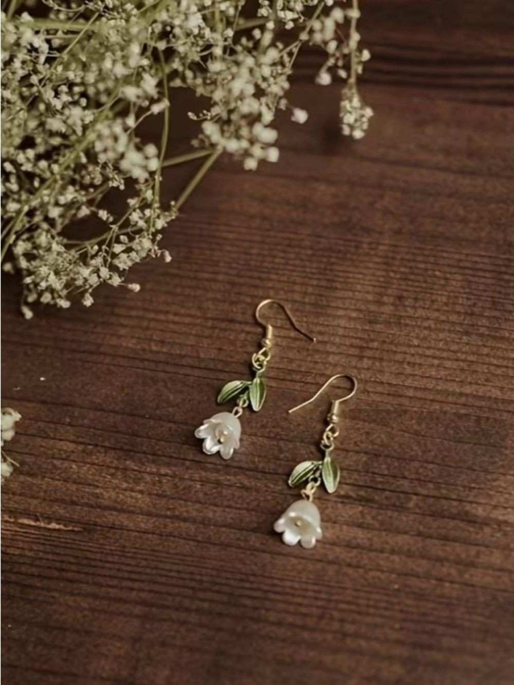 Green Leaf and White Flower Drop Earrings - Women Jewelry